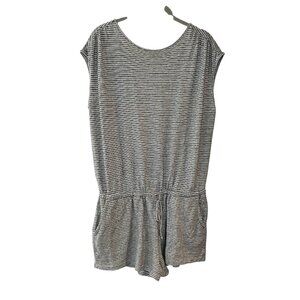 Prana Womens Retrieve Romper Sz M Navy‎ Blue Stripe Hemp Cotton Blend Sleeveless